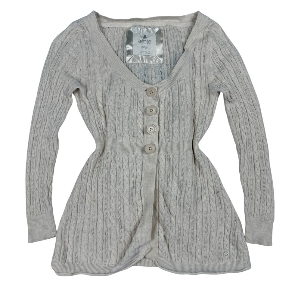 Aerie XS Cream Cable Knit Button Front V-Neck Sweater Y2K Bella Swan Babydoll